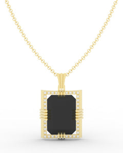 Onyx gemstone 18 Karat gold Pendant with gold chain and garnished with 32 round clear synthetic diamonds.   (Free shipping and taxes).