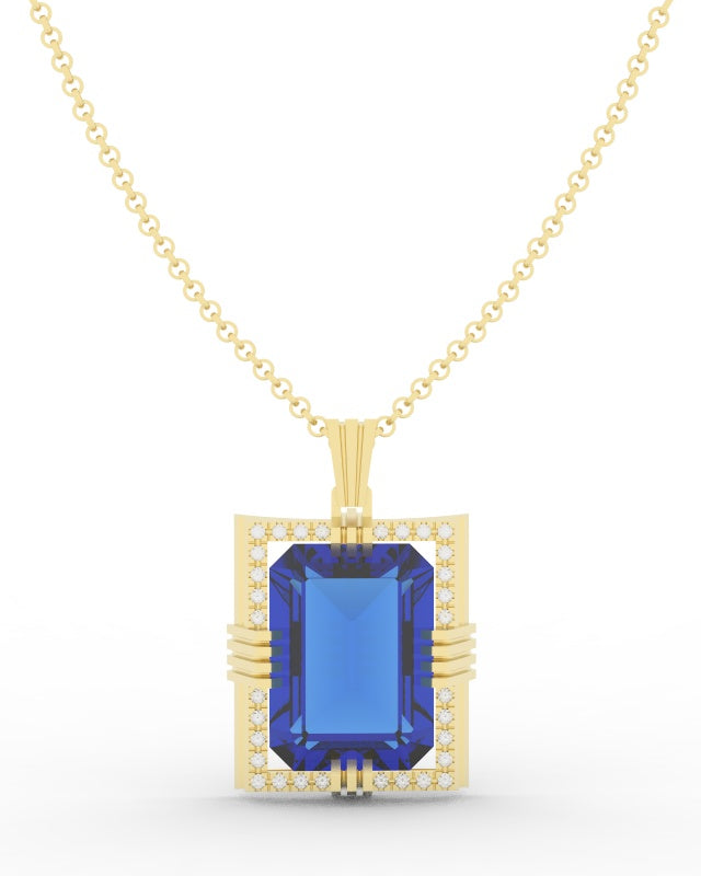 Sapphire created center stone 18 Karat gold Pendant with gold chain and garnished with 32 round clear synthetic diamonds.     (Free shipping and taxes).