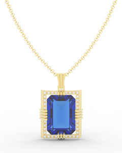 Sapphire created center stone 18 Karat gold Pendant with gold chain and garnished with 32 round clear synthetic diamonds.     (Free shipping and taxes).