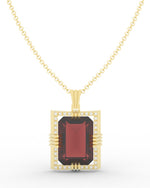 Load image into Gallery viewer, Garnet created center stone 18 Karat gold Pendant with gold Chain and garnished with 32 round clear synthetic diamonds.      (Free shipping and taxes).
