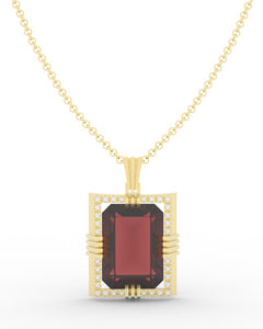 Garnet created center stone 18 Karat gold Pendant with gold Chain and garnished with 32 round clear synthetic diamonds.      (Free shipping and taxes).