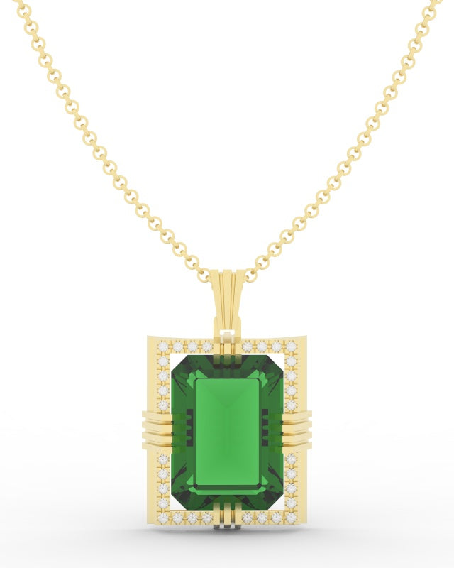 Emerald created center stone 18 Karat gold Pendant with gold chain and garnished with 32 round clear synthetic diamonds.      (Free shipping and taxes).