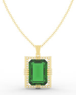 Load image into Gallery viewer, Emerald created center stone 18 Karat gold Pendant with gold chain and garnished with 32 round clear synthetic diamonds.      (Free shipping and taxes).
