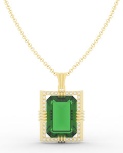 Emerald created center stone 18 Karat gold Pendant with gold chain and garnished with 32 round clear synthetic diamonds.      (Free shipping and taxes).