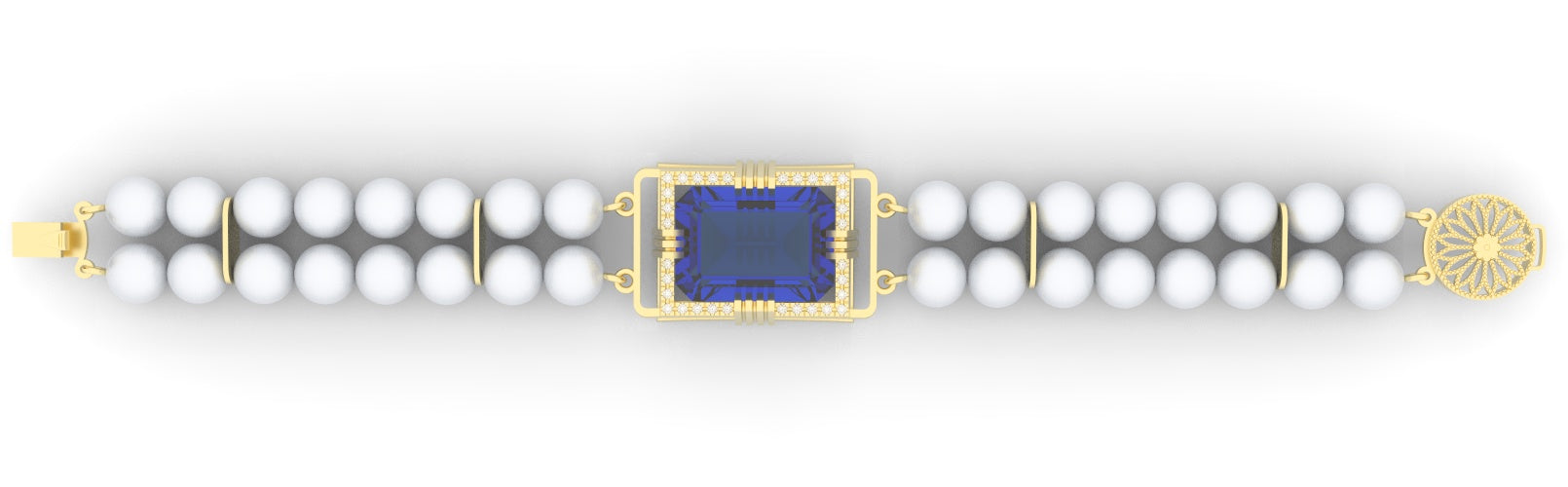 Sapphire created center stone 18 Karat gold Bracelet with 32 round clear synthetic diamonds and cultured freshwater white round 7.0 mm pearl band.   (Free shipping and taxes).