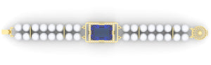 Sapphire created center stone 18 Karat gold Bracelet with 32 round clear synthetic diamonds and cultured freshwater white round 7.0 mm pearl band.   (Free shipping and taxes).